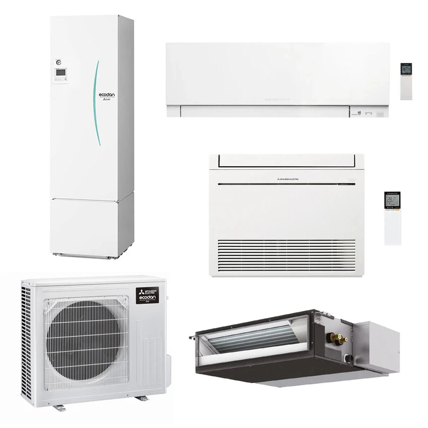 Mitsubishi ECODAN MULTI COMFORT R32 sistema per raffrescamento, riscaldamento e acqua calda sanitaria HYDROTANK SMALL 300 l | unità esterna 7.5 kW | unità interne canalizzabile 18000, a parete 5000 e a pavimento 9000