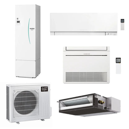Mitsubishi ECODAN MULTI COMFORT R32 sistema per raffrescamento, riscaldamento e acqua calda sanitaria HYDROTANK SMALL 300 l | unità esterna 7.5 kW | unità interne canalizzabile 18000, a parete 5000 e a pavimento 9000