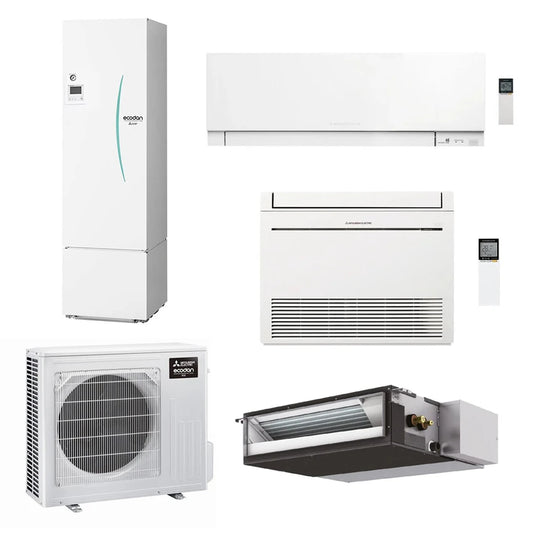 Mitsubishi ECODAN MULTI COMFORT R32 sistema per raffrescamento, riscaldamento e acqua calda sanitaria HYDROTANK SMALL 300 l | unità esterna 7.5 kW | unità interne canalizzabile 18000, a parete 5000 e a pavimento 9000