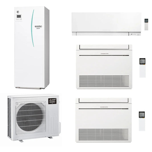 Mitsubishi ECODAN MULTI COMFORT R32 sistema per raffrescamento, riscaldamento e acqua calda sanitaria HYDROTANK SMALL 200 l | unità esterna 7.5 kW | unità interne a parete 5000 e pavimento 9000+18000