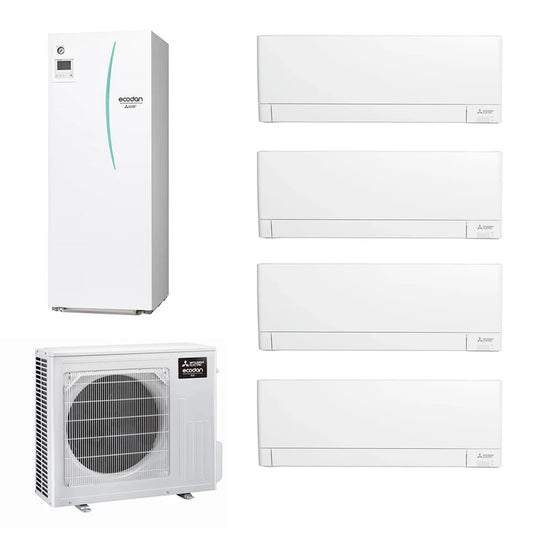 Mitsubishi ECODAN MULTI COMFORT R32 sistema per raffrescamento, riscaldamento e acqua calda sanitaria HYDROTANK SMALL 200 l | unità esterna 8.5 kW | unità interne a parete 9000+9000+9000+9000